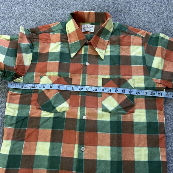 Vintage Bellcraft Shirt Mens Medium Plaid Orange Green Brown Permanent Press 70s - Picture 4 of 8